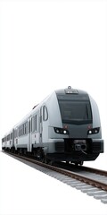 Fototapeta premium Modern white passenger train on rails against white background