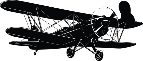 Vintage Biplane Airplane Silhouette Vector Illustration with Propeller