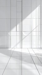 Abstract White Tiled Room with Geometric Patterns and Sunlight Reflection Minimalist Modern Interior Design