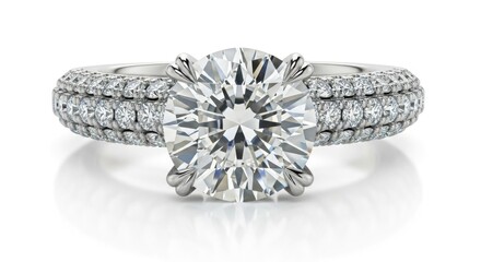 Elegant Silver Diamond Engagement Ring with Round Center Stone and Paved Band on White Background