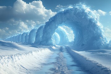 Snow-covered tunnel in a snowy landscape.
