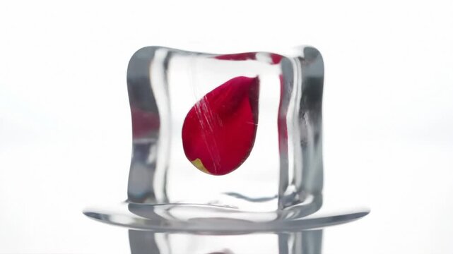 Delicate Red Flower Petal Preserved Within Transparent Ice Cube