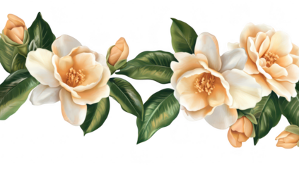 A beautifully arranged floral composition featuring creamy white and soft peach camellia flowers with lush green leaves. ideal for decorative purposes or as a background for various designs