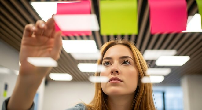 Young woman concentrating intensely while organizing ideas with colorful sticky notes on a glass board in a modern office environment with soft ceiling lights above