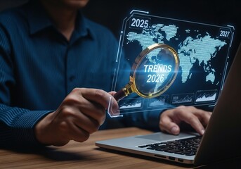 A person in a dark blue shirt analyzes global trends on a laptop. A futuristic holographic interface displays a world map with charts. A large magnifying glass is held over the map, focusing on the wo
