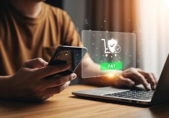 A person sitting at a desk with a laptop makes a secure online payment using a smartphone. A transparent, glowing interface hovers over the phone, showing a shopping cart icon with a security shield a