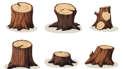 A collection of various tree stumps displayed on a clean background. different sizes and textures. ideal for nature-themed designs or educational materials