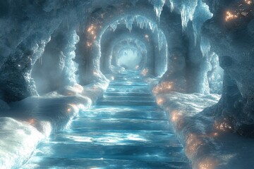 Water stream flowing through a frozen cave.
