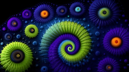 Vibrant Spiral Pattern with Abstract Shapes in Blue, Green, Purple, and Orange Colors on a Dark Background