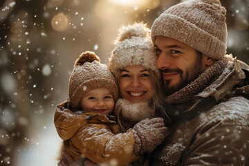 Man and woman in winter clothes holding a child.