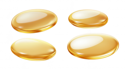 A collection of four glossy golden capsules arranged artistically on a clean white background. their smooth surfaces and reflections. ideal for health and wellness product presentations