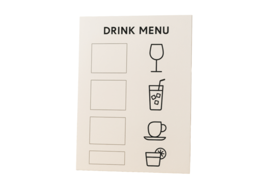 Drink menu template with minimal icons including wine, soda, coffee, and cocktail, isolated on white background, clean layout concept. Ai generative