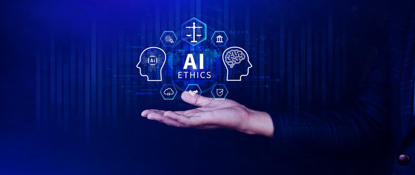 AI ethics expert guides the way, balancing artificial intelligence with humanity, Icons related AI ethics, symbols of legal scales, security, ethical standards and regulations in AI technology.