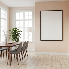 Elegant modern dining room with large empty frame, natural light and plant decor