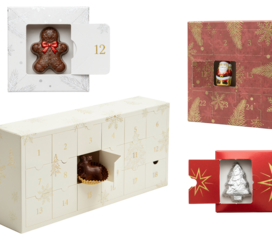 Set fragments of open-door advent calendars with chocolate Christmas figures in and without foil, insulator