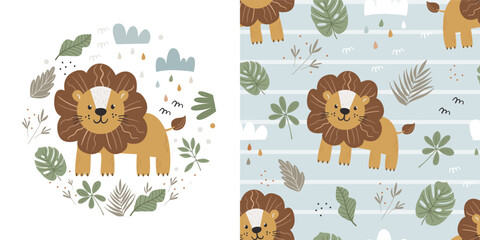 Children's set of poster and seamless pattern with cute lions.