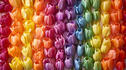 A vertical close-up of colorful tulips arranged in rainbow gradient rows 
