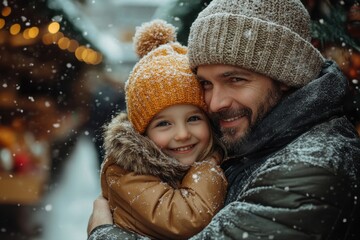 Man and child playing in the snow.