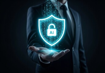 A businessman in a dark suit holds his hand open, with a glowing blue cybersecurity shield floating above it. The shield has a padlock icon with "AI" written on it, and binary code streams down into t