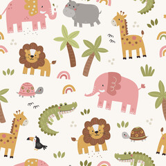 Vector seamless pattern with safari animals and rainbows for girls.