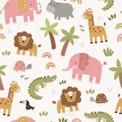 Vector seamless pattern with safari animals and rainbows for girls. © nafanya241