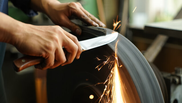 Close-up of skilled hands carefully sharpening a knife on a fast-spinning grinding wheel, with vivid orange sparks flying, showcasing precision, heat, and craftsmanship in a busy workshop
