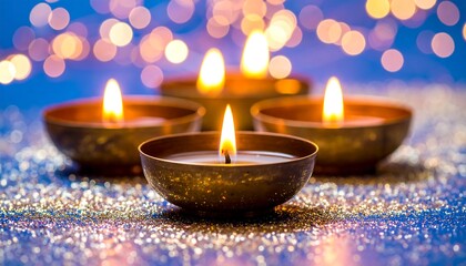 Diwali Celebration 2025, close-up of lit diyas in bowls against a bokeh background, conveying warmth with traditional Hindu celebration elements.