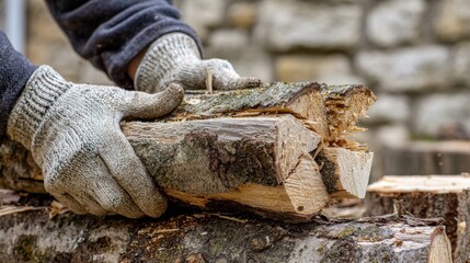 Hands in gloves stacking cut firewood for winter preparation outdoors