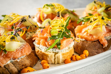 Closeup gourmet bruschetta with salmon and herbs