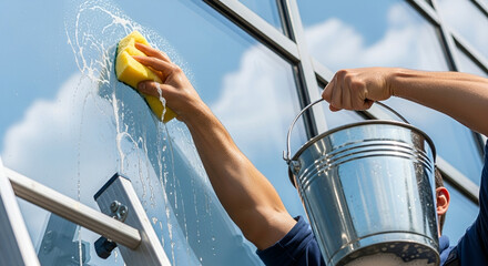 A man cleans a window with a sponge, holding a metal bucket, with the sky visible in the background.