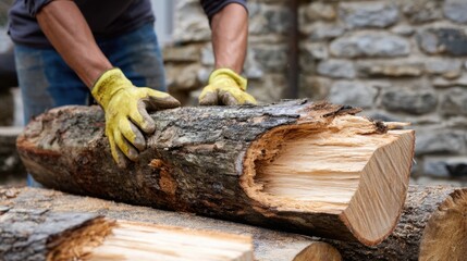 Manual labor concept with worker handling firewood for home heating