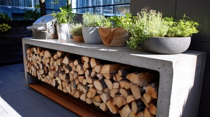 Modern outdoor kitchen with herb garden and firewood storage for patio design