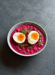 Cold summer beet soup with cucumbers, dill and egg