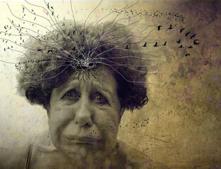 Conceptual portrait of an older woman holding her head with abstract lines and birds emerging from her mind