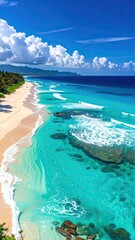 Tropical Beach Paradise with Turquoise Water and Sandy Shore Under a Partly Cloudy Blue Sky Perfect for Relaxation and Vacation Getaway in Paradise