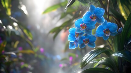 A vertical close-up of vibrant blue orchids with glossy leaves in a misty garden 
