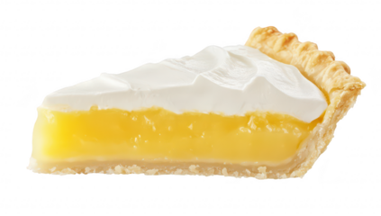 A slice of creamy lemon pie with a flaky crust and whipped topping. placed on a clean white background. highlighting its yellow filling. perfect for dessert menus or culinary photography
