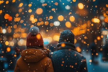 people observing snow in the city.
