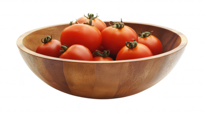 A wooden bowl filled with fresh. ripe tomatoes. their red color and green stems. set against a clean white background. perfect for culinary or healthy eating themes