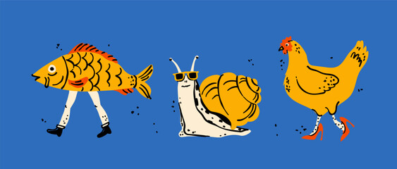 A hilarious and creative set of vector illustrations featuring funny, surreal animals. This trendy art includes a walking fish, a cool snail, and a hen in high heels, perfect for quirky projects.