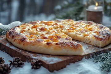 Pizza on wooden board with candle in background.