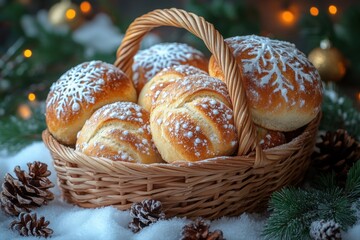 Basket of bread with powdered sugar dusting.