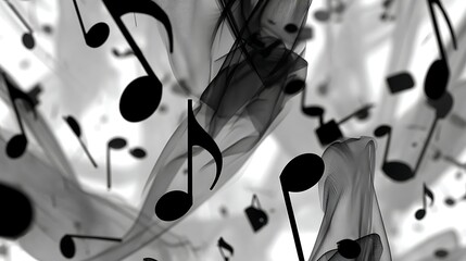 Abstract Black Music Notes Flowing Through Ethereal Smoke in Artistic Digital Illustration