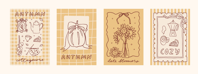 Whimsical Autumn poster collection. Fall cards set, hand drawn line art illustration. Cozy Autumn breakfast cafe wall art. Fall aesthetic stamp design. Cozy cottagecore autumn frame card set, vector