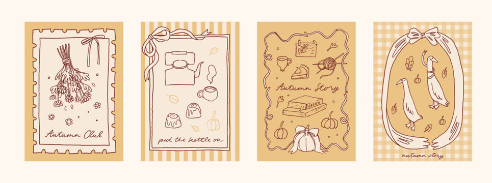 Whimsical Autumn poster collection. Fall cards set, hand drawn line art illustration. Cozy Autumn breakfast cafe wall art. Fall aesthetic stamp design. Cozy cottagecore autumn frame card set, vector
