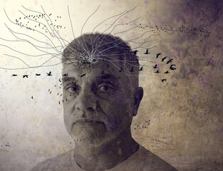 Creative concept of a man with abstract lines and birds emerging from his head