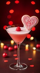 Martini with Raspberry and Heart Cookie for Valentine's Day