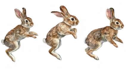 A series of three playful rabbits captured in mid-leap. their agility and grace. set against a clean white background. ideal for nature-themed projects or educational materials
