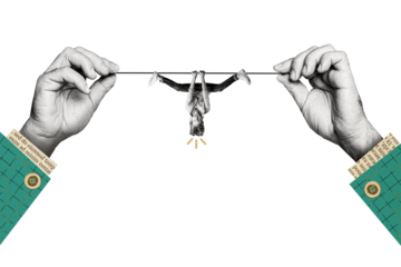 Composite photo collage of hand hold string crazy playful man hang  acrobatics tricks psyche disorder isolated on painted background