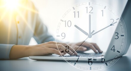 Close up of person typing on laptop with clock overlay symbolizing time management and productivity